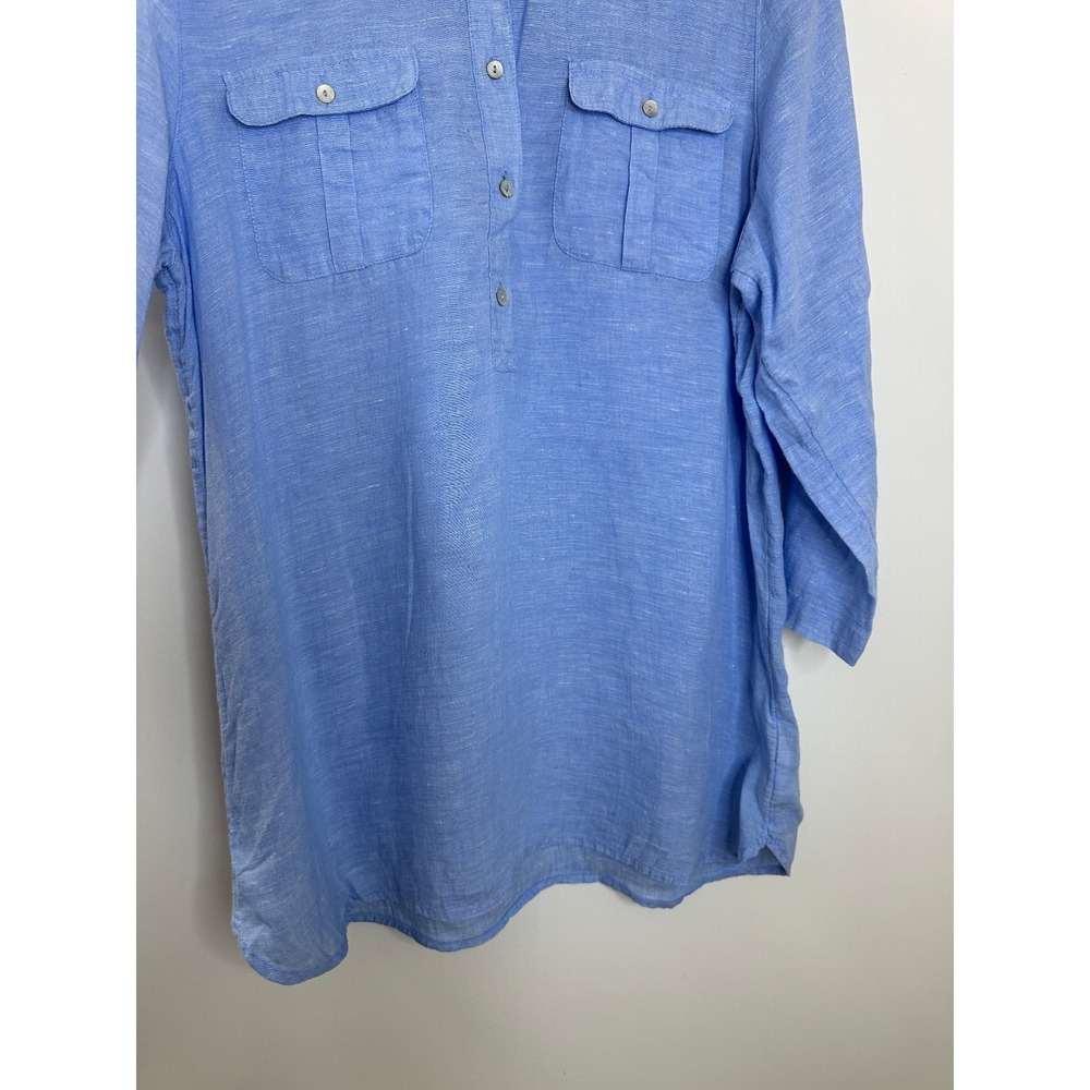 Jones & Co. 100% Linen Half Button Shirt Blue Top Large Resort Coastal *Flawed - Picture 5 of 12